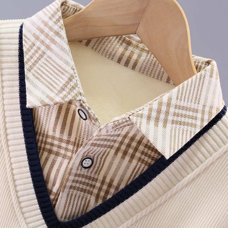 男童卫衣假两件秋冬款2024新款中大童加绒加厚儿童男孩学院风保暖