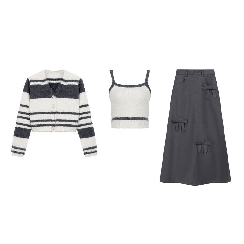 乔拉【绒毛心语】秋冬季条纹针织开衫吊带背心女蝴蝶结半身裙套装