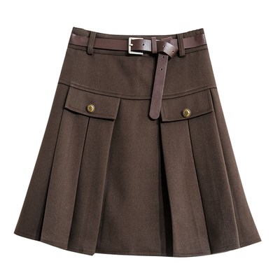 秋款高腰毛呢A字短裙百褶裙半身裙女秋冬新款小个子短款黑色裙子