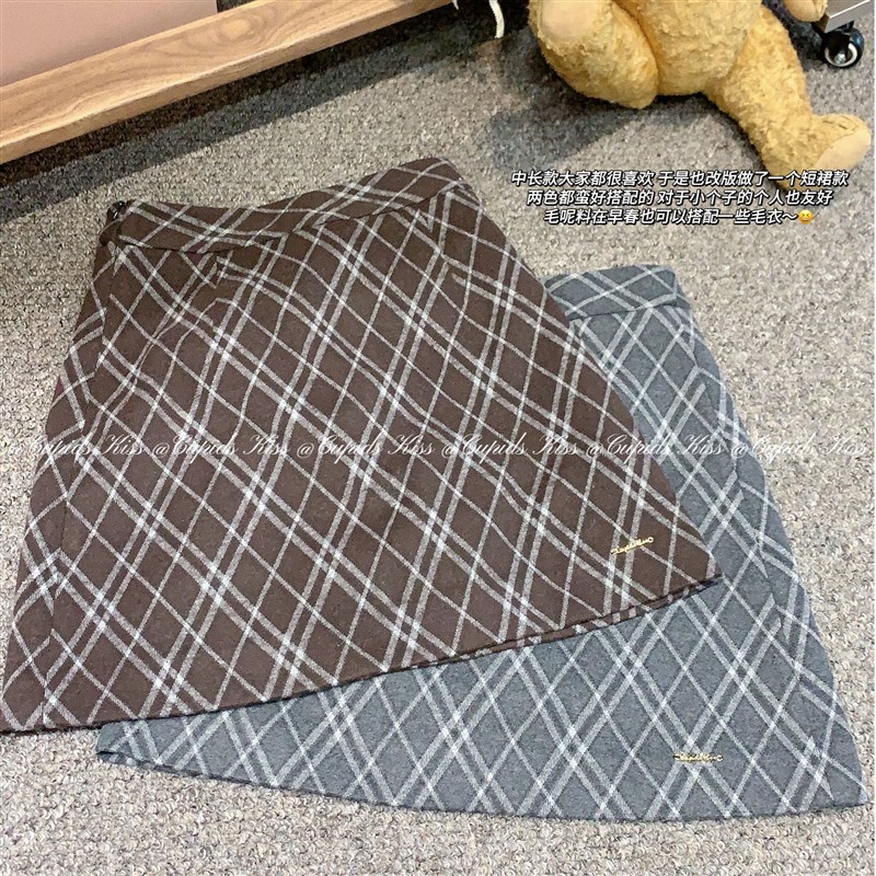 csk丘比特  复古格纹组 灰紫两色女秋季高腰毛呢短裙半身裙