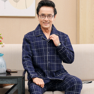 薄夹棉睡衣男冬款 春秋加厚纯棉长袖 中老年人男款加大码宽松套装