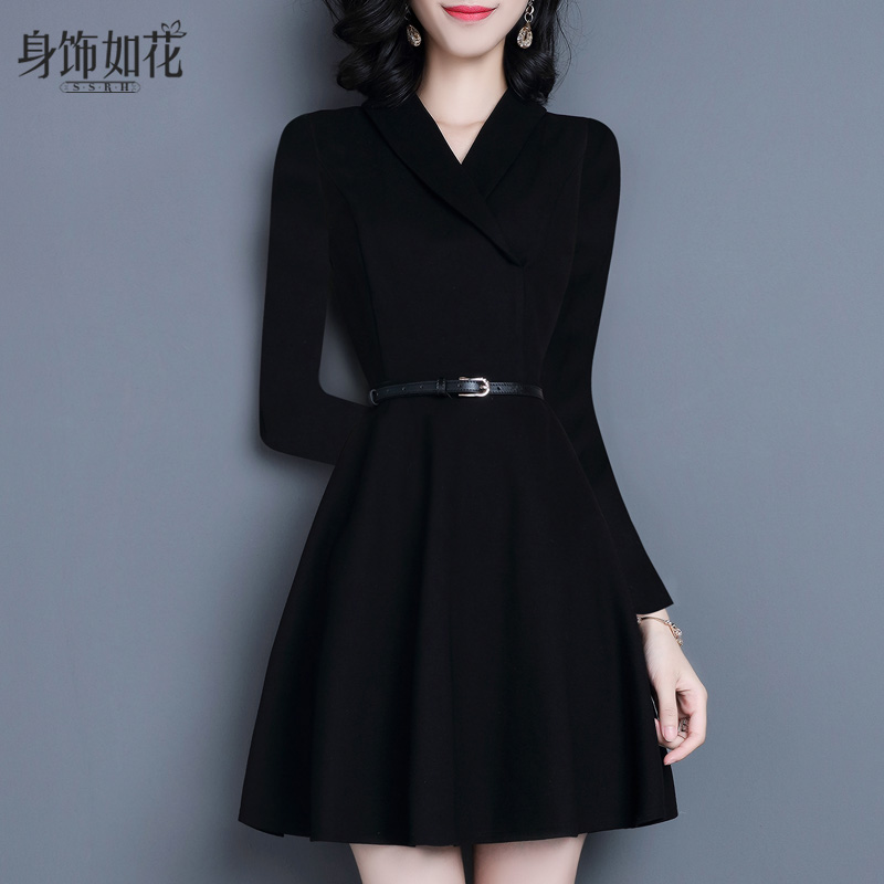 小黑裙2021秋冬季新款女装淑女A字修身V领长袖气质黑色打底连衣裙