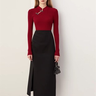 春新中式上衣复古红色毛衣小立领国风上衣修身针织衫女