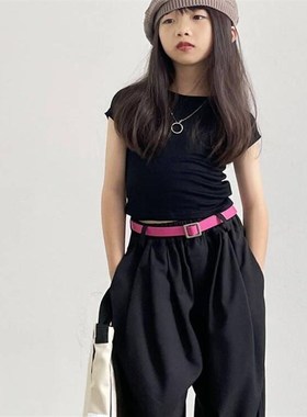 豆丁韩国儿童洋气街舞黑色紧身短款上衣女童黄色短袖t恤大童童装