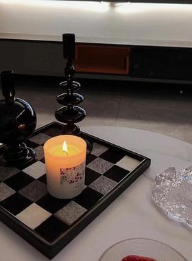 储马毛棋盘托盘入口存化妆品桌面托盘黑色和白色色QLO饰品灰饰装
