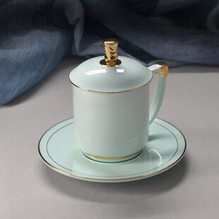 华光国瓷 青瓷水杯盖杯 中式高档会议茶杯礼盒 商务送礼 丝路华青