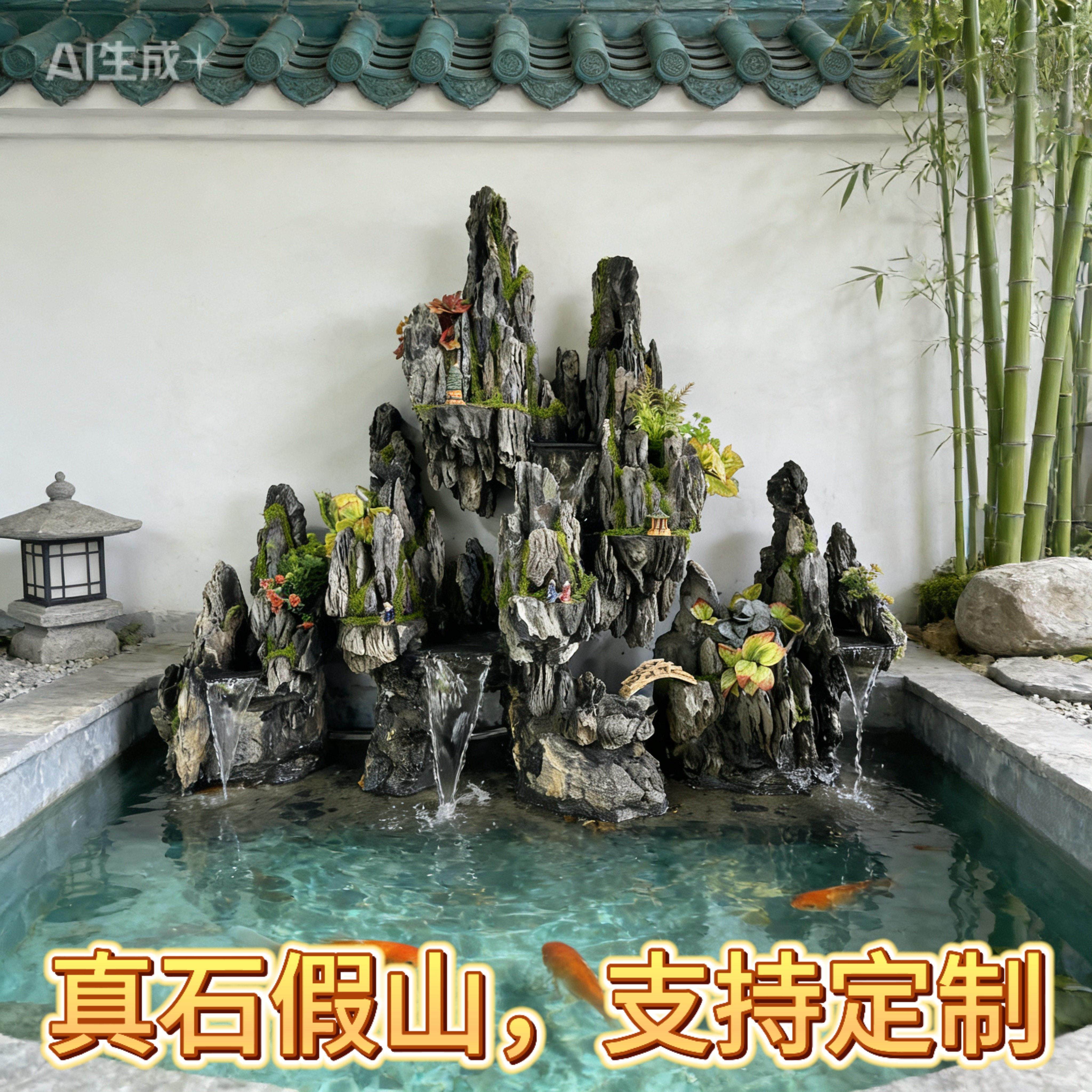 大型QUN庭院假山水流天然黑千层墨石景观喷园泉花青龙石造景阳台