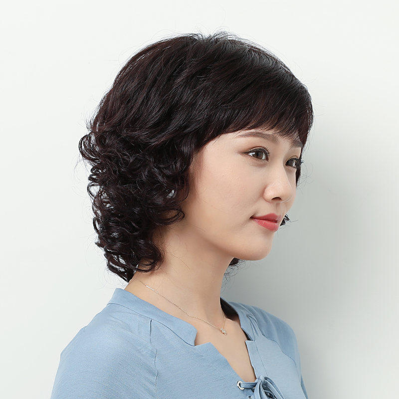 中年假发女短发妈妈真发自然时尚短卷发发型中长发蓬松修脸全头套