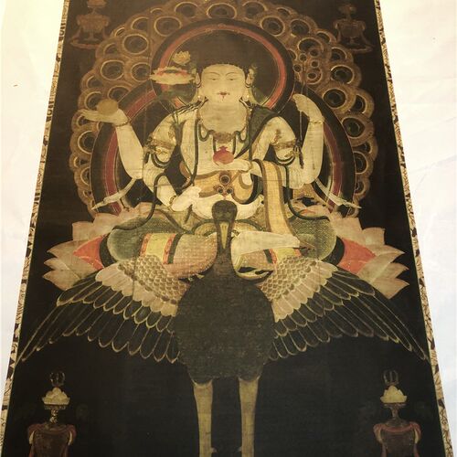 孔雀明王图佛画人物画艺术微喷复制画绢画装饰画供奉画临摹学习