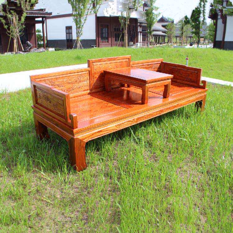 新中式实木三人沙发位简约榆木贵妃躺椅会客厅小户型双人罗汉床榻