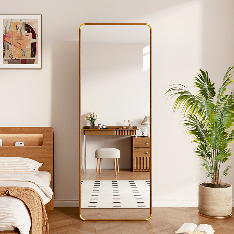 实木铜角全身镜落地镜子家用挂墙式钢化玻璃穿衣镜女生卧室试衣镜
