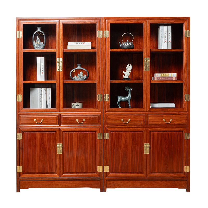 红木书柜花梨木明式素面书柜实木书橱办公书架展示酒柜玻璃柜