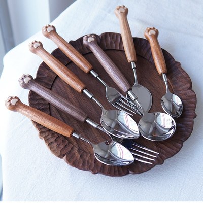 木头恰恰  猫爪子木勺子叉子可爱吃饭勺叉套装家用果酱勺儿童勺