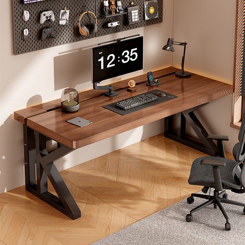 实木电脑桌卧室家用台式办公桌学生学习桌书桌二分段双人电竞桌子
