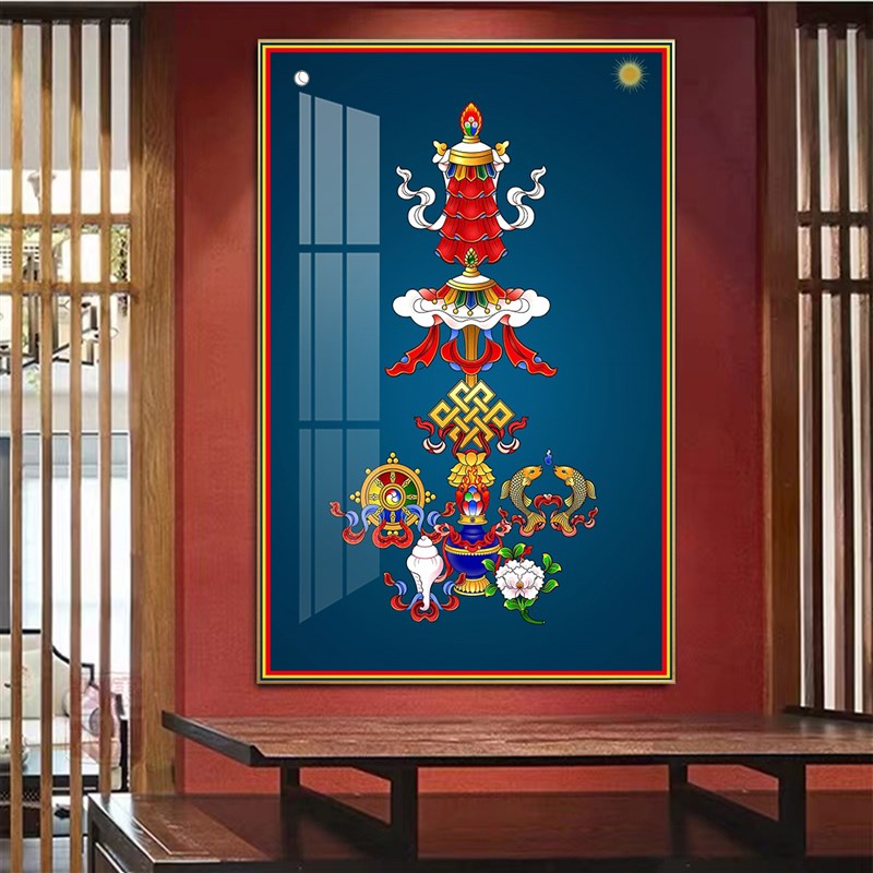 吉祥八宝挂画客厅和谐四瑞六长寿唐卡玄关八吉祥装饰画背景墙壁画