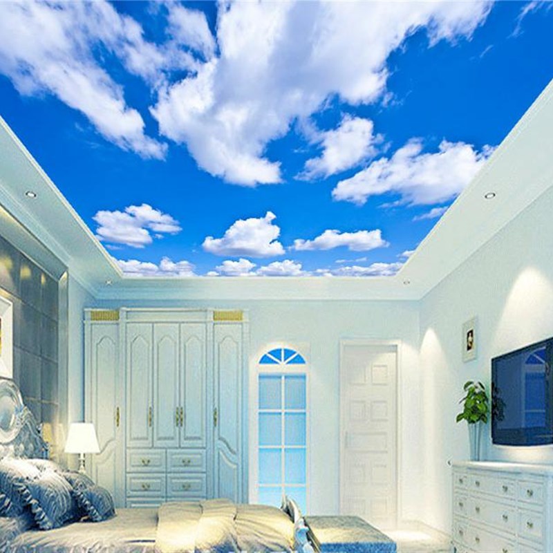 海景风格竹木纤维集成墙板酒店大厦吊顶天花板蓝天白云主题护墙板