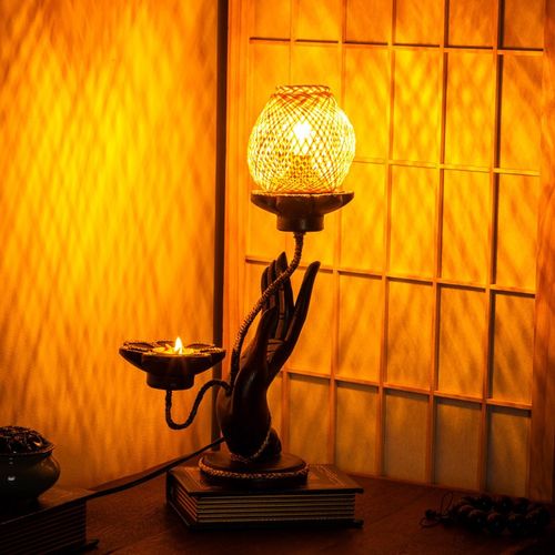 泰国实木佛手氛围装饰台灯客厅复古做旧创意台桌面卧室床头灯烛台