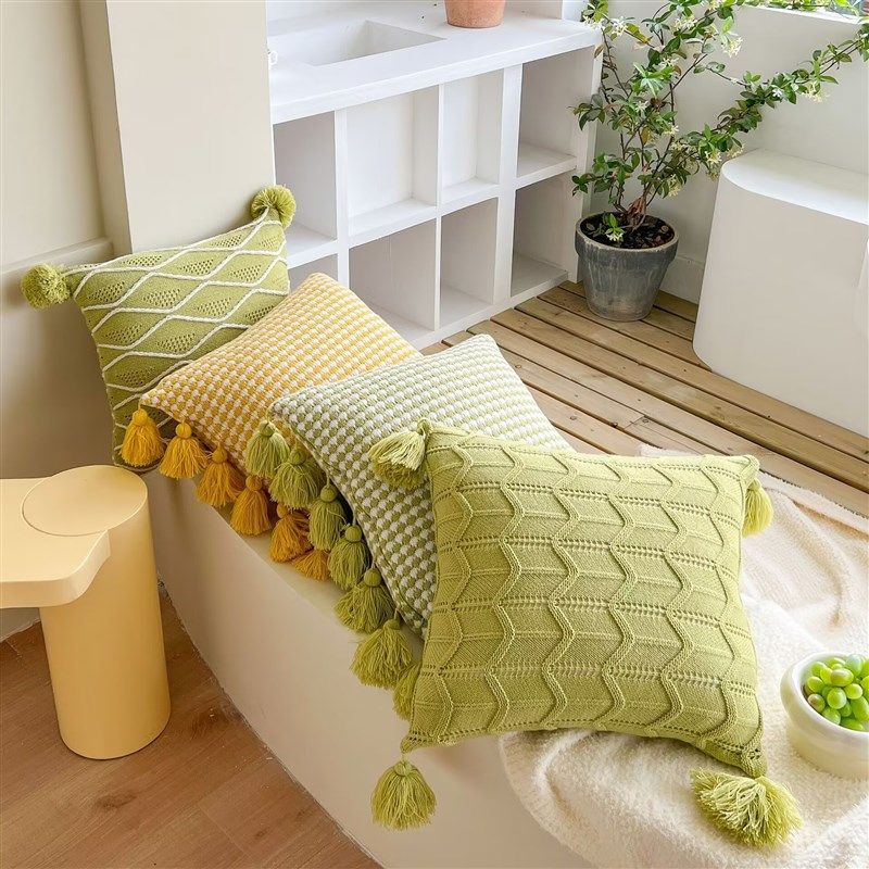 薄荷绿针织小清新纯色毛线靠垫飘窗流苏沙发客厅卧室抱枕套腰靠
