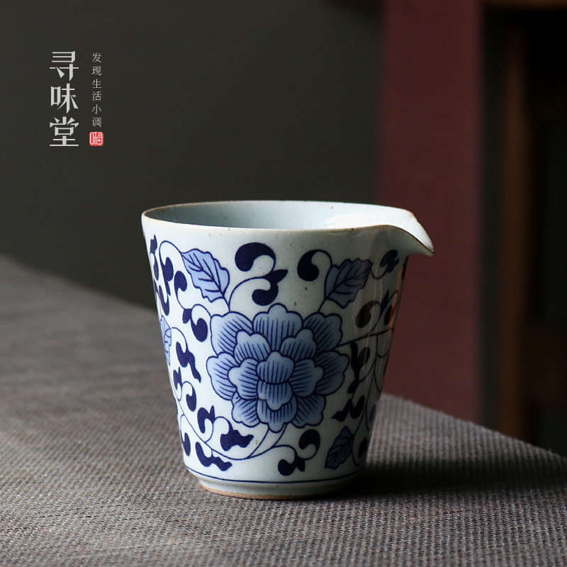 青花禅莲公道杯复古陶瓷茶海青花陶无柄缠枝莲匀杯家用功夫茶具