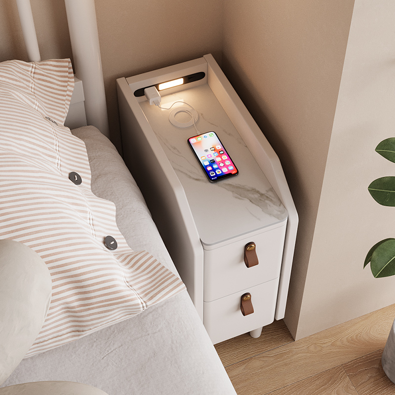 岩板床头柜白色小型迷你30超窄夹缝20cm实木床边窄柜充电带灯一体