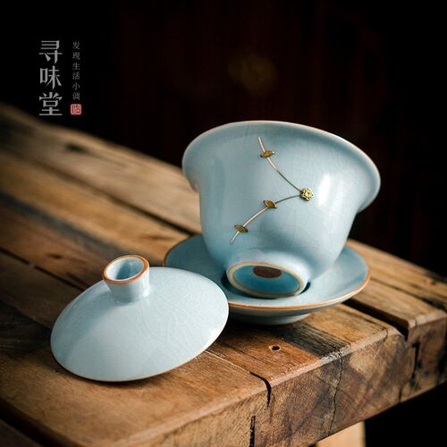 手工锔钉汝窑盖碗复古风李辉熠汝瓷三才碗茶碗中式陶瓷功夫茶具