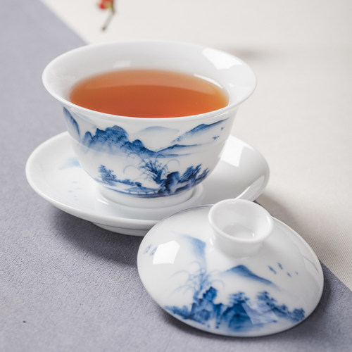 手绘大号盖碗泡茶杯单个青花瓷三才茶碗陶瓷山水功夫茶具