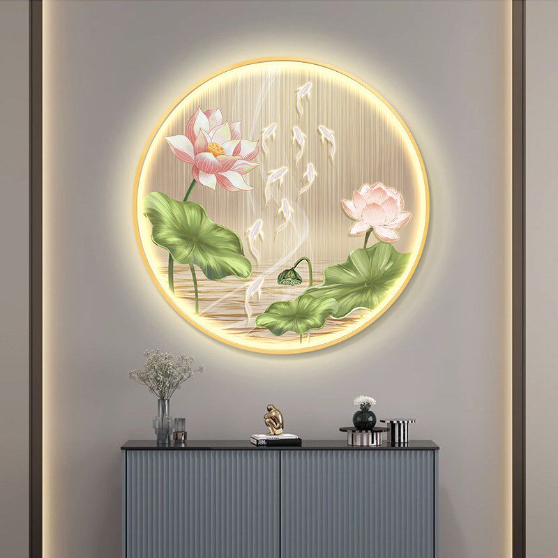 荷花九鱼图入户玄关装饰画走廊过道发光灯画背景餐厅墙壁圆形挂画