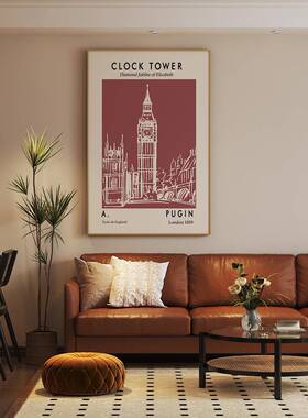 现代抽象伦敦竖城市复古红色艺术客厅玄墙关装画背景饰壁画EM-237