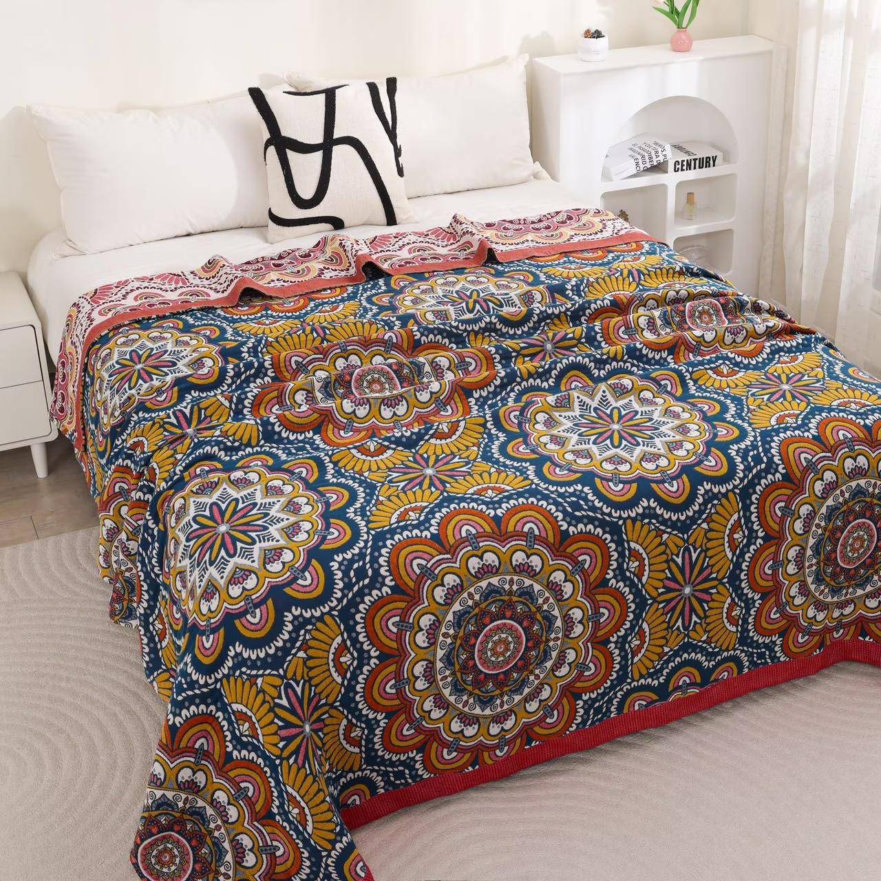 出口盖毯 纯棉纱布4 层提花毛巾被 手感柔软吸水透气车载毯四季毯