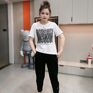 T恤200斤胖mm遮肉宽松显瘦正肩上衣拼接印花半袖 女夏季 短袖 大码