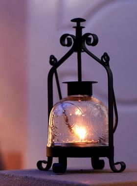 浪烛光晚餐道具璃玻漫烛台摆件批艺发手提蜡烛灯复18492古老式铁