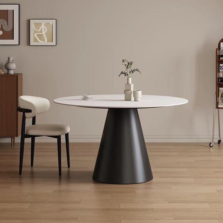 意式极简岩板圆形餐桌带内嵌转盘纯黑圆桌现代简约家用餐桌椅组合