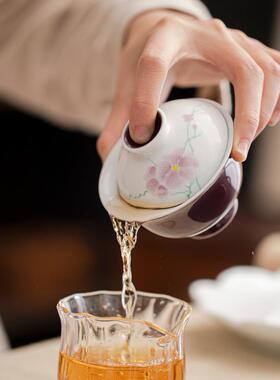 NWL釉下纯彩手绘海棠花陶瓷二才盖小号紫色泡茶碗杯单家用功夫茶