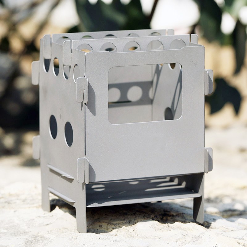 纯钛卡片式柴火炉 便携野营轻量小炉子 折叠式3人用木炭酒精两用