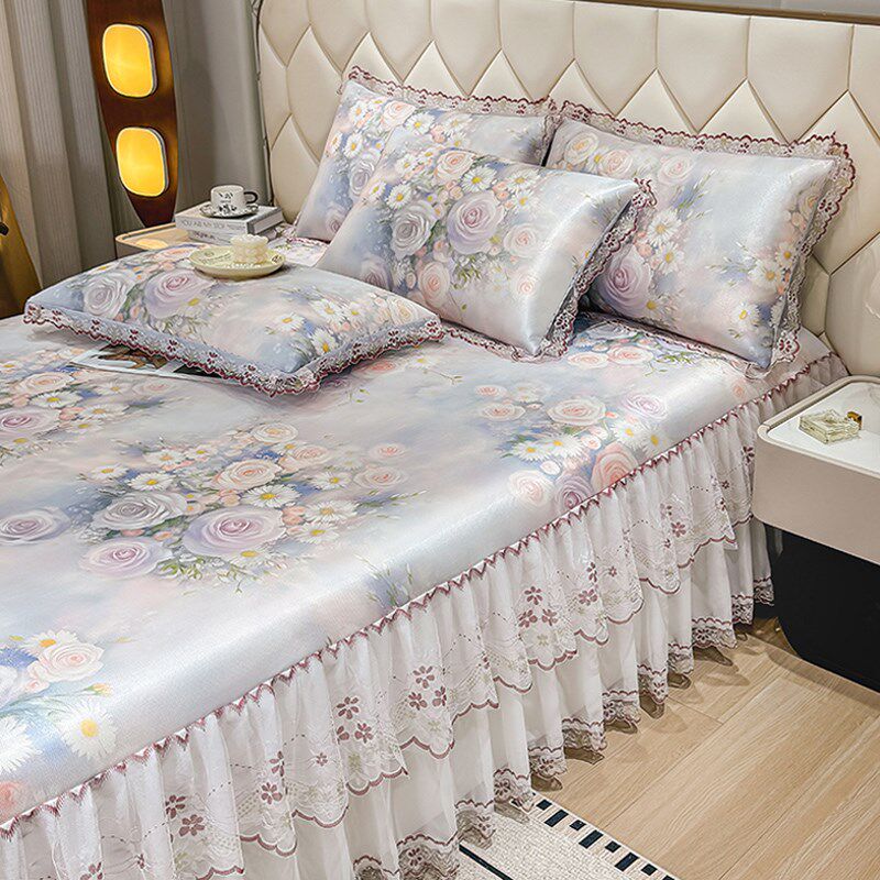 夏季新款冰丝席三件套床裙款蕾丝花边可机洗折叠1.8米床笠空调席