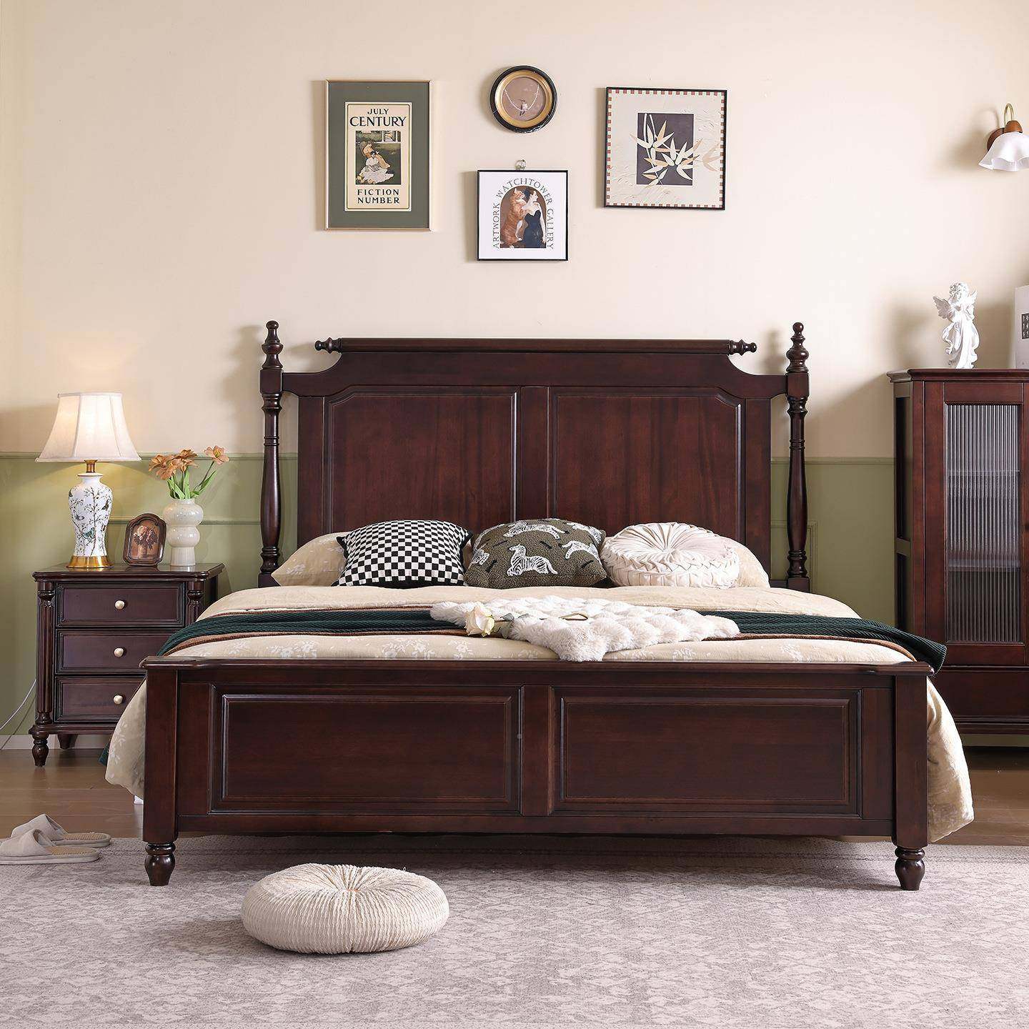 美式实木床胡桃木色1中.8米黑双人床CCJ现代简约箱法式古风卧室高