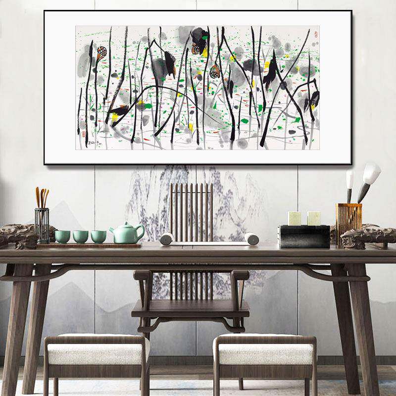 荷饰画客厅玄沙发背景入户挂画吴冠中名装画复塘刻关中式国B-5-12