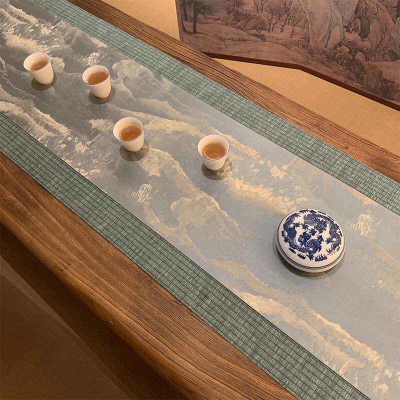 双面复古织锦提花茶席日式禅意防水棉麻布桌旗新中式茶台茶布艺