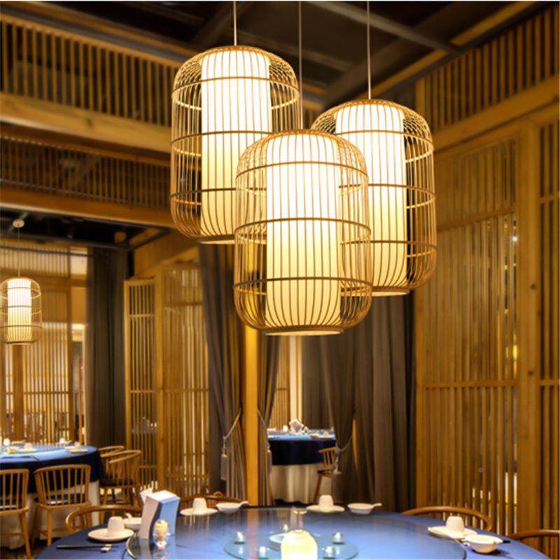 美属手萨楼摩亚仿古日式工编织工程竹艺吊PNN灯东南亚风竹格茶酒