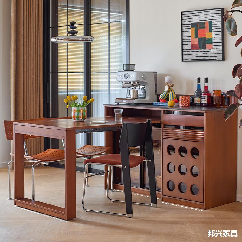 中古实木岛台餐桌一体多功能储物柜家用可伸缩餐边柜家用茶水吧台
