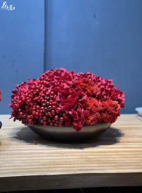 红色绣球果花浆TJH中式玄关古架博楼处包间圆桌桌售面前台摆件