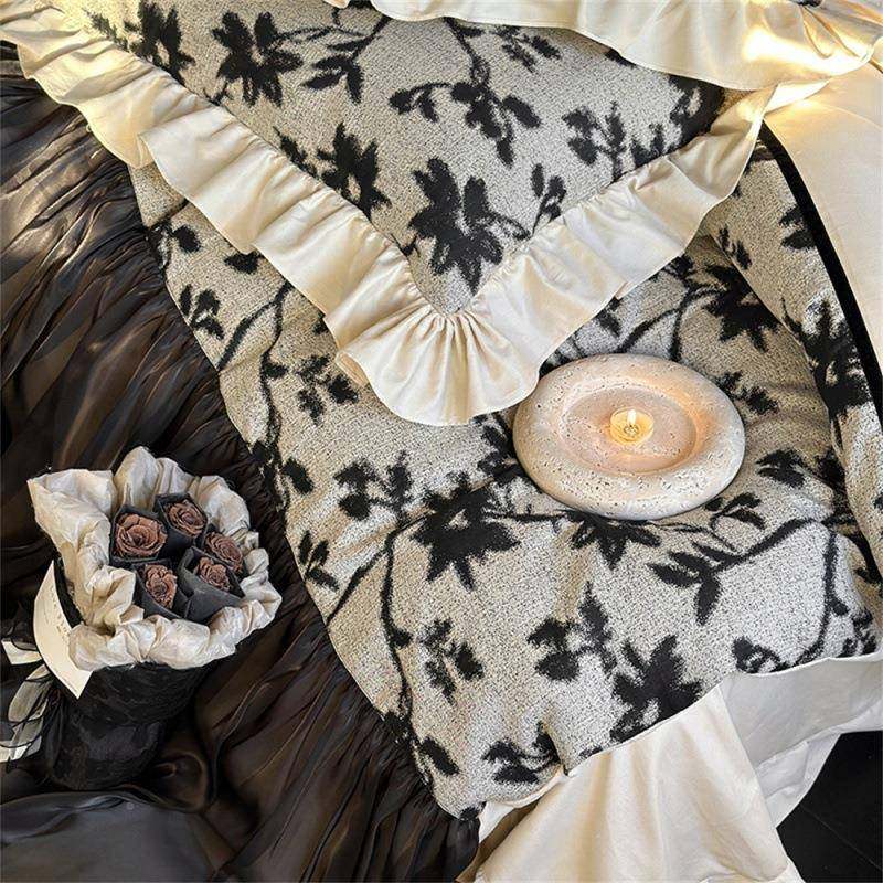 复古风纯水墨晕染提花四件套法式色欧棉根黑纱泡套泡褶皱被OCD床