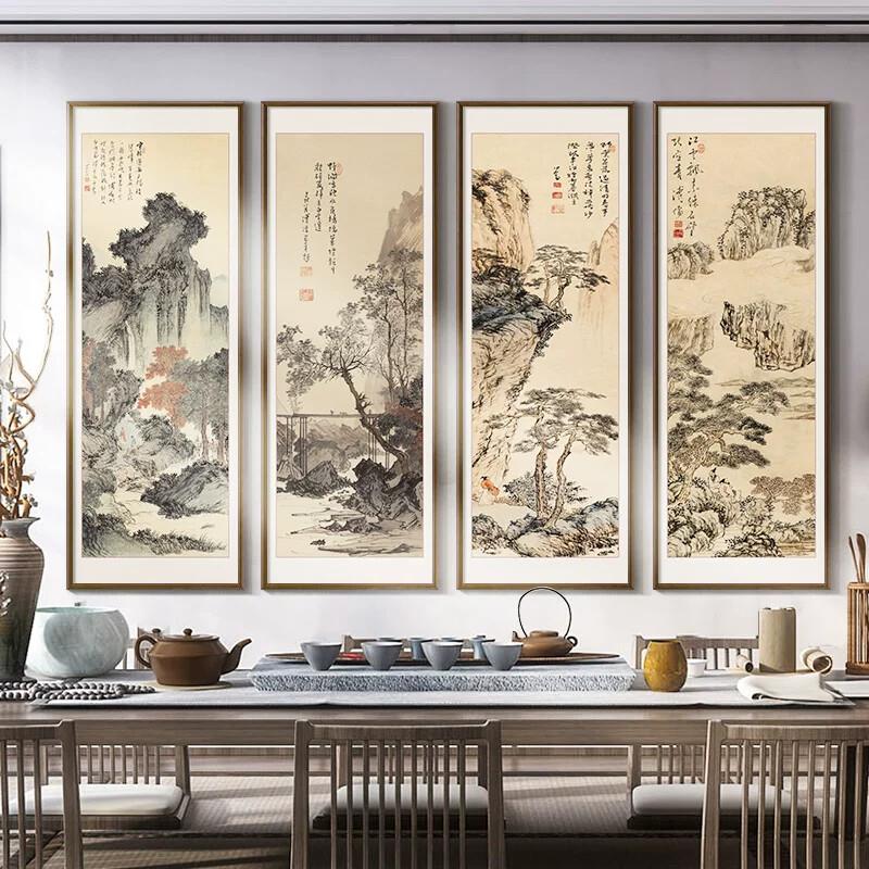 山水画客厅挂画四条屏中堂背景墙装饰画新中式字画茶室壁画中国风