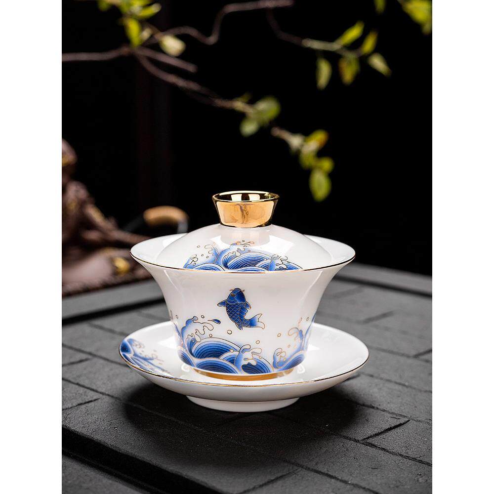 羊脂玉盖碗茶杯德化白瓷茶碗带盖单个三才大号功夫家用茶具套装