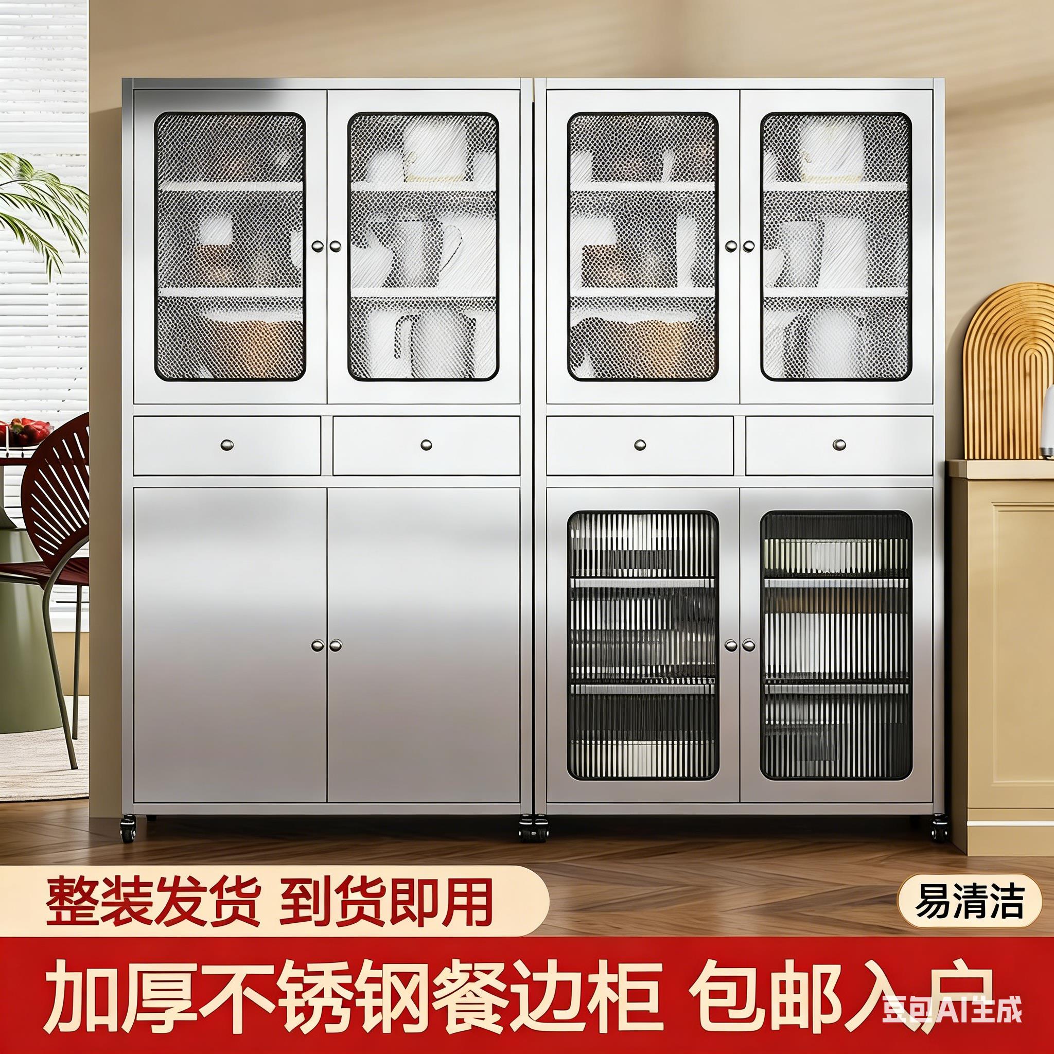 定制304加厚不锈钢餐边柜家用厨房碗柜橱柜餐厅带门抽屉收纳柜子