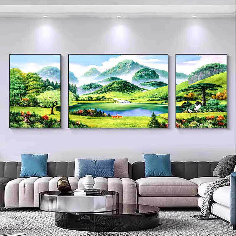 山水画客厅装饰画三联画大气2025新款现代简约挂画沙发背景墙壁画