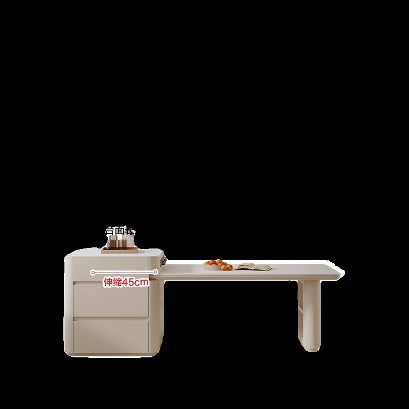 奶油风岩板岛台实木餐桌一体小户型伸缩导台多功能带茶几倒台家用