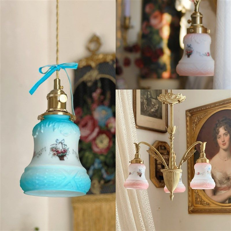 法式中古风复古玻璃印花小吊灯黄铜欧式卧室灯床头灯黄铜灯过道灯