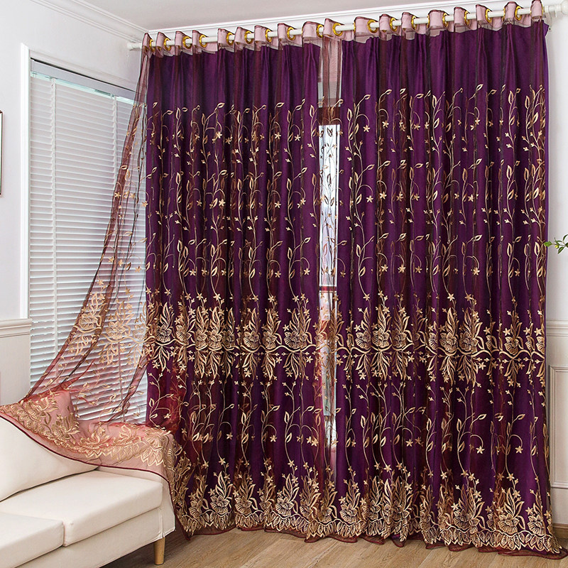 欧式高档绣花窗纱窗帘卧室客厅阳台纱帘布料田园大气酒红飘窗