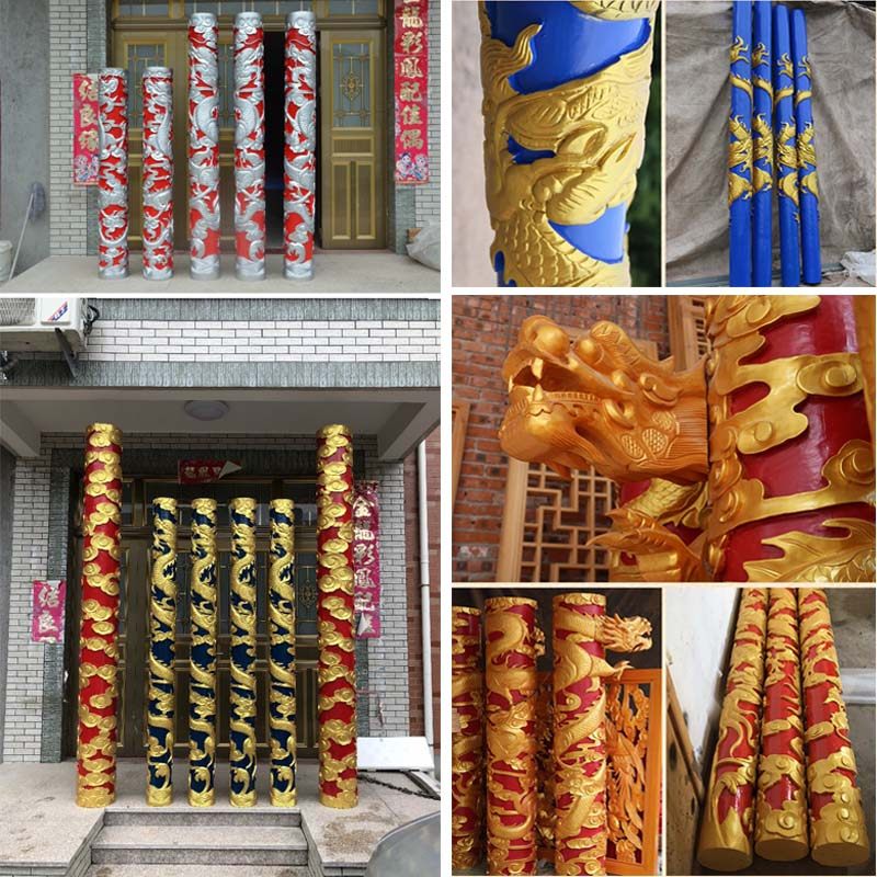 东阳木雕浮雕实木手工雕刻中式复古 御用盘龙柱 单龙祥云柱龙凤柱